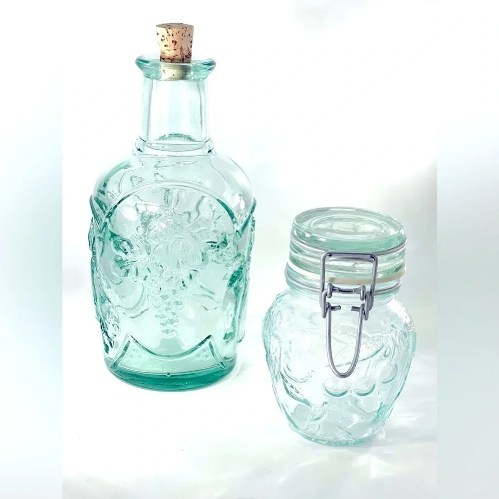 Green Glass Decanter w/ Cork and Canister w/ Bail Fruit Embossed Canada Mod Dep